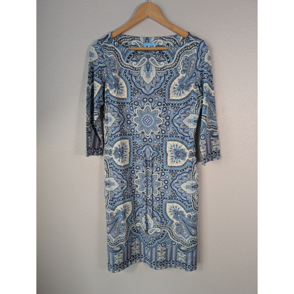 J. Mclaughlin Marianne Dress Blue Paisley  $248 Sz M Catalina 3/4 Sleeves 110‎